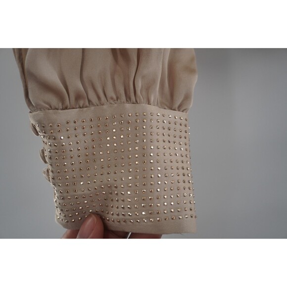White House Black Market Beige Embellished Long Sleeve Keyhole silk Blouse Sz 6 - Picture 8 of 12